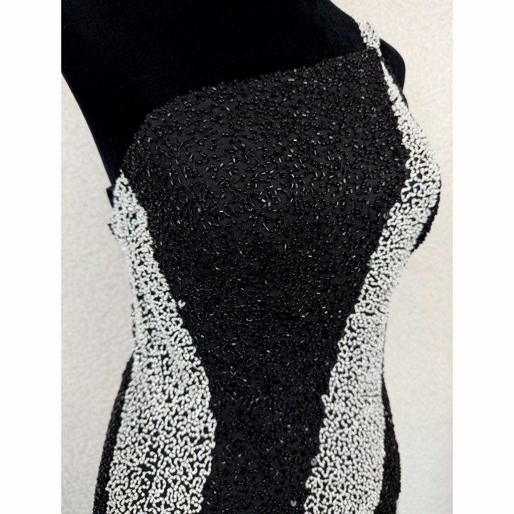 (VTG) SCALA • Black/White One-Shoulder Beaded Formal Maxi Gown w/ Side Slit, S - Picture 4 of 15
